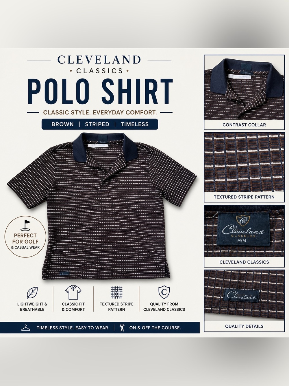 Cleveland Classics Polo Shirt Men M Brown Striped Golf Casual